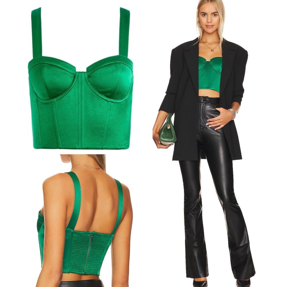 Alice + Olivia Jeanna Bustier Smocked Crop Top Emerald Green Sateen Corset Small